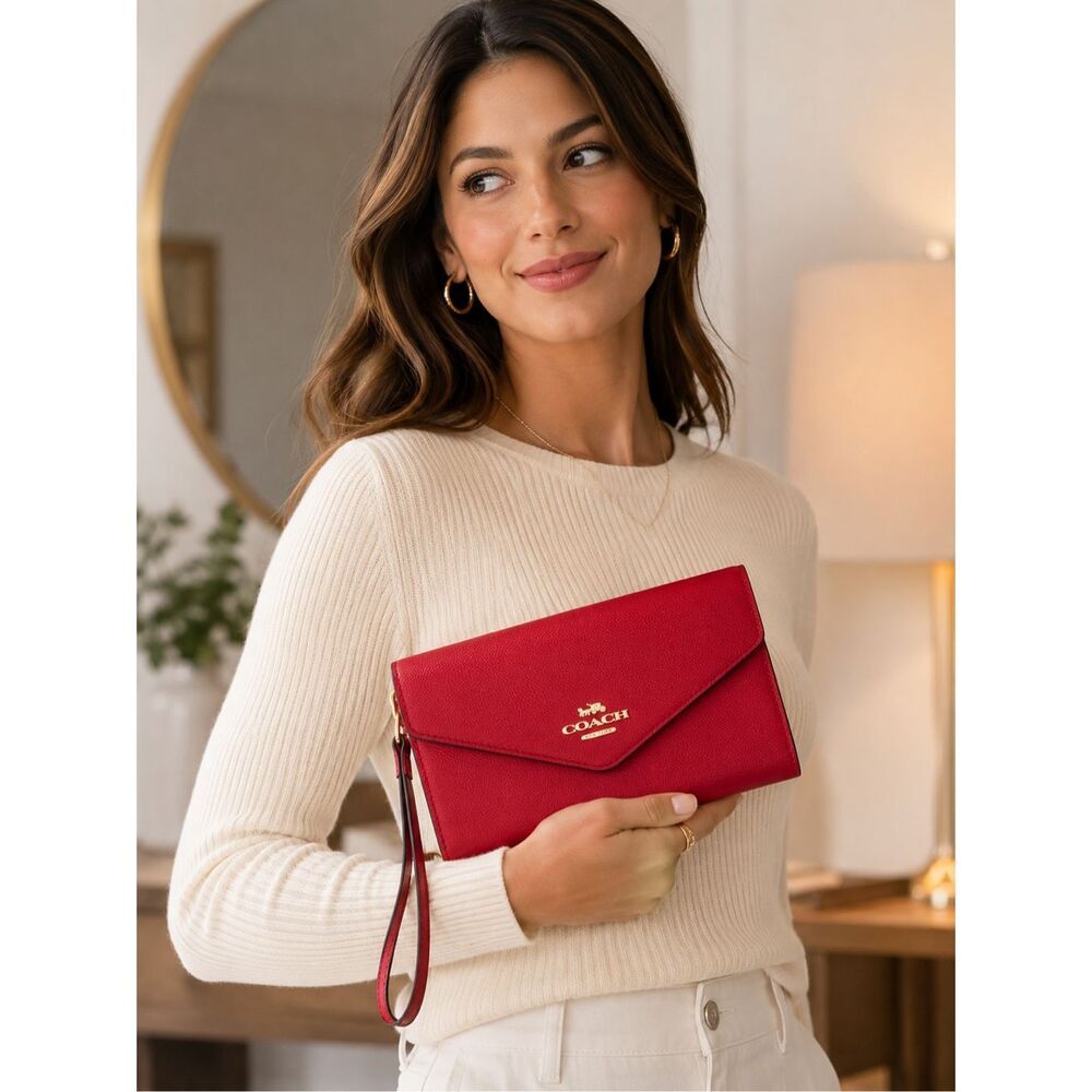 Coach Corner Zip Travel Envelope Wallet Red Crossgrain Leather Wristlet NWT - Picture 9 of 9